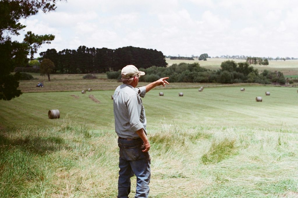 man wearing gray long-sleeved shirt on green grass field