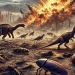 Dinosaur extinction by large asteroid showing cockroaches still surving