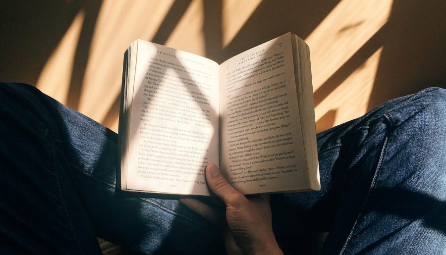 person holding book sitting on brown surface