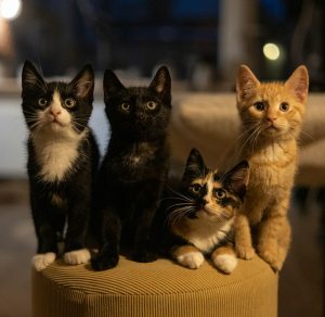 A group of cats sitting on top of a stool